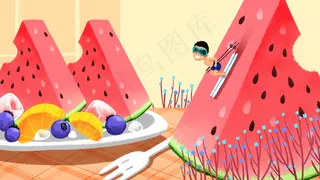 卡通手绘风夏景西瓜配图