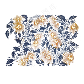 中国素雅青花瓷装饰花纹着色朱红,免抠元素