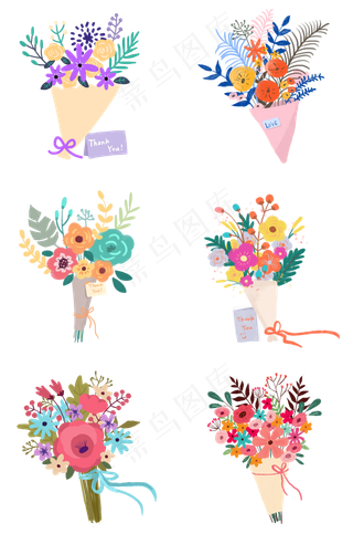 小清新手绘花朵花束组图PNG免