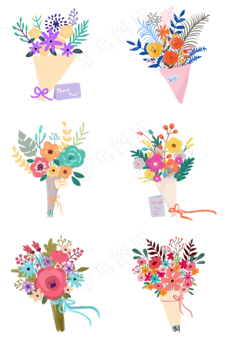 小清新手绘花朵花束组图PNG免