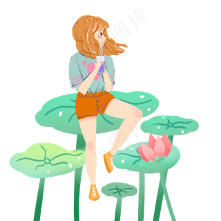 夏天荷叶上喝果汁的女孩