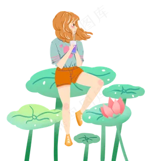 夏天荷叶上喝果汁的女孩