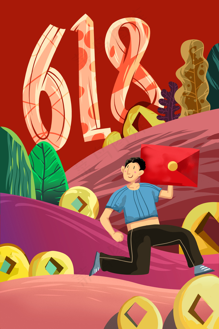 红色系卡通手绘风618年终优惠红包配图