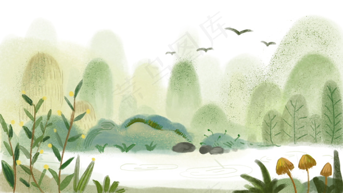 水墨风景简约干净女孩人物植物小清新水彩