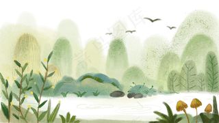 水墨风景简约干净女孩人物植物小清新水彩