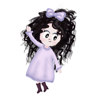 春天夏天穿紫裙长靴的卷发女孩手