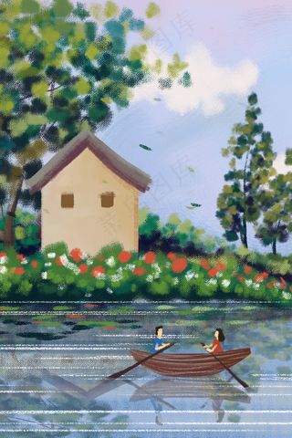 林中小屋树林森林夏日油画水粉风景