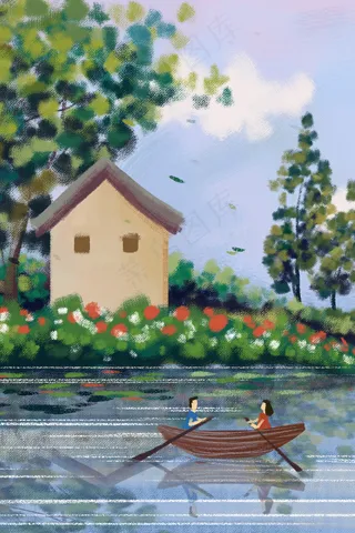 林中小屋树林森林夏日油画水粉风景