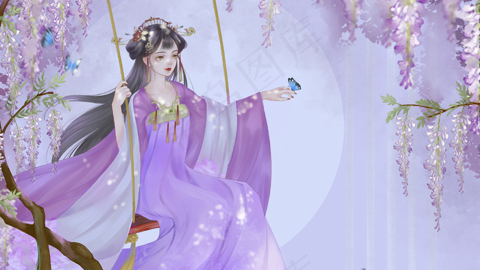古风紫藤萝花下少荡秋千(2880*1620px 300 dpi )psd模版下载