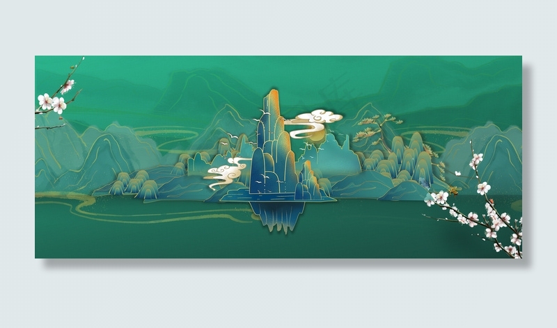 创意春天简约绿色立体山水背景
