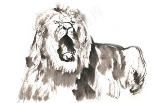 吼叫的狮子水墨画PNG免抠素材