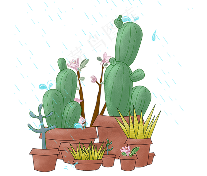 春天谷雨节气树叶仙人掌雨水(703X599(DPI:300))psd模版下载