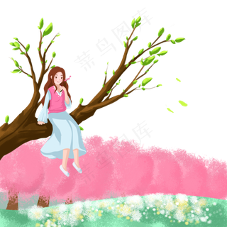 二十四节气少女红花PNG春天春日,免抠元素