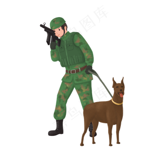 建军节军人和猎犬