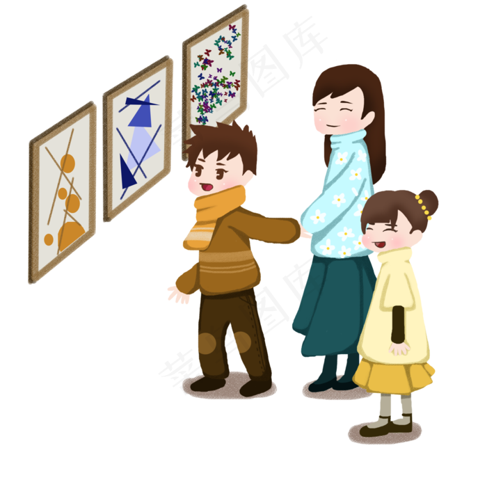 手绘寒假妈妈带着孩子参观画展(2000X2000(DPI:300))psd模版下载