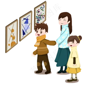 手绘寒假妈妈带着孩子参观画展