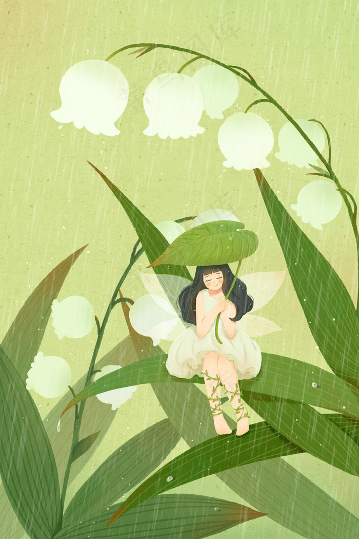 谷雨雨水节气花卉铃兰精灵童话梦幻绿色配图(3545X5315(DPI:300))psd模版下载