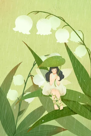 谷雨雨水节气花卉铃兰精灵童话梦幻绿色配图