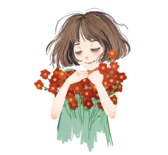 手绘小清新捧花的女孩人物