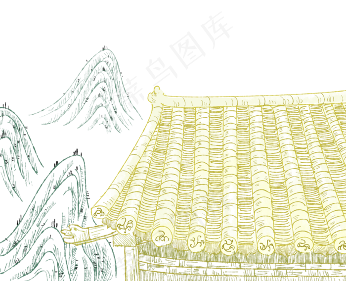 线描国画古代宫殿山石水墨,免抠元素(3000*2432px 300 dpi )psd模版下载