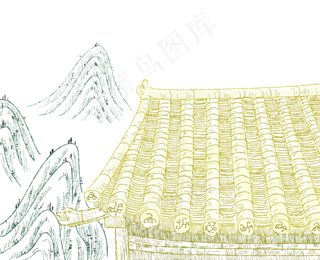 线描国画古代宫殿山石水墨,免抠元素