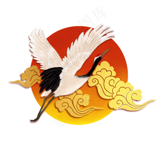 国潮落日仙鹤图,免抠元素