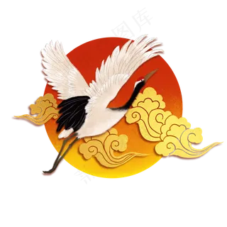 国潮落日仙鹤图,免抠元素