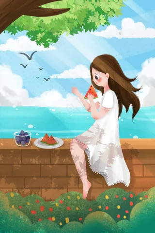 夏天小清新大暑节气女孩吃西瓜