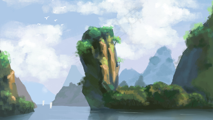 蓝天白云青山绿水手绘美景(2880*1620px 300 dpi )psd模版下载