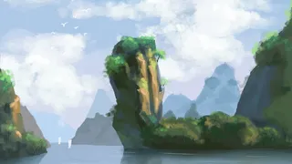 蓝天白云青山绿水手绘美景