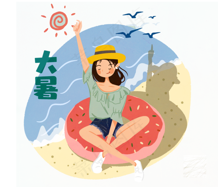 夏日节气大暑少女沙滩游泳(3500X3000(DPI:300))psd模版下载