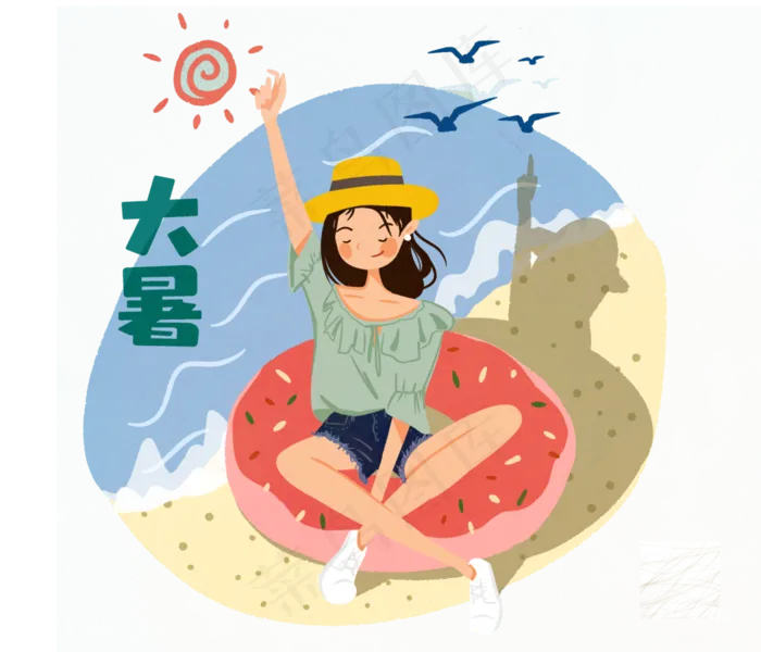 夏日节气大暑少女沙滩游泳(3500X3000(DPI:300))psd模版下载