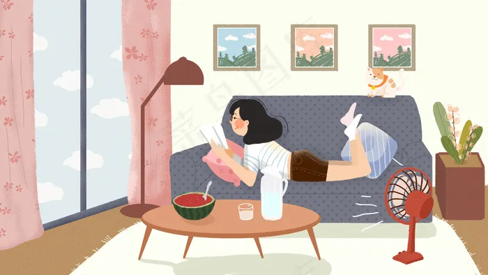 夏季女孩室内看书(2880*1620px 300 dpi )psd模版下载
