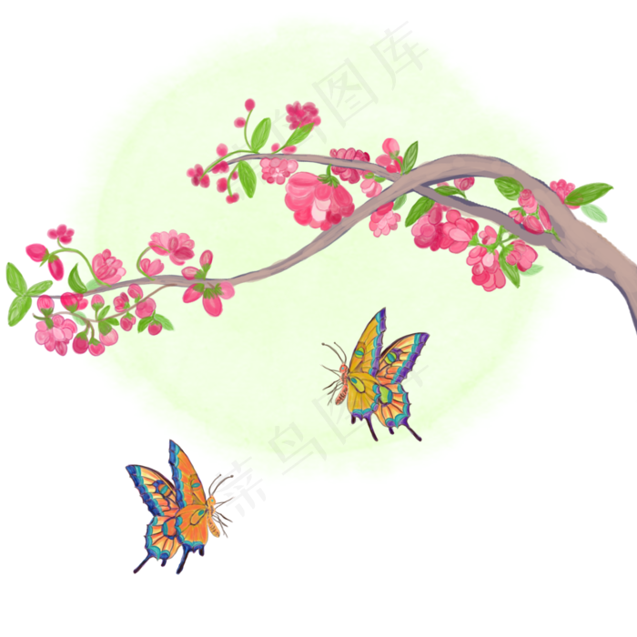 中国风水墨水彩工笔桃花戏蝶手绘