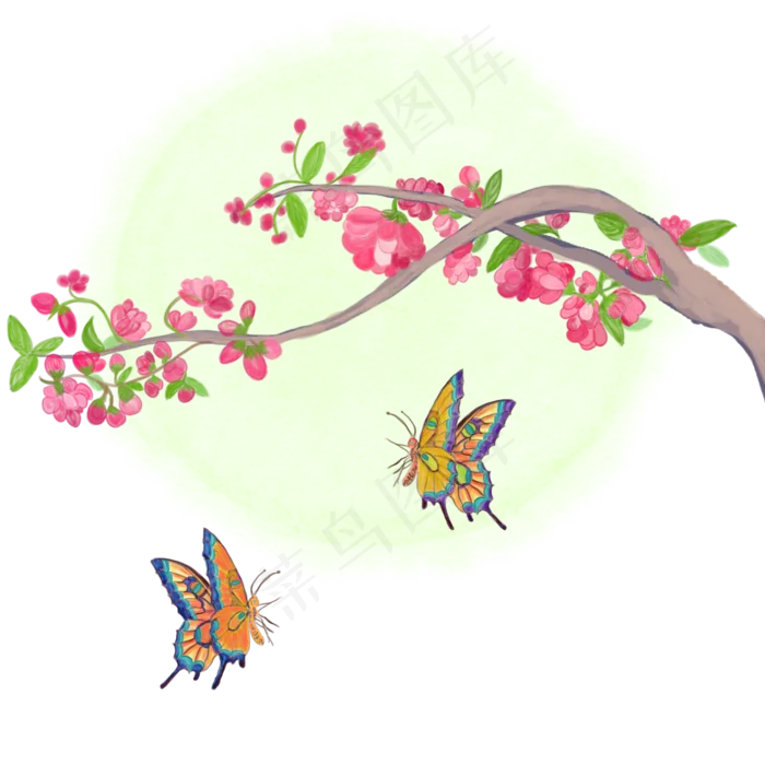 中国风水墨水彩工笔桃花戏蝶手绘(2000X2000(DPI:300))psd模版下载