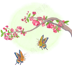 中国风水墨水彩工笔桃花戏蝶手绘