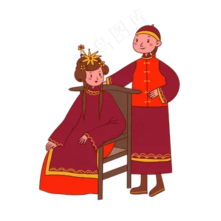 手绘矢量卡通古典婚礼小年嫁娶结,免抠元素