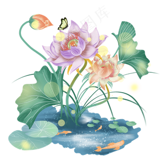 夏天夜晚荷塘荷花荷叶,免抠元素