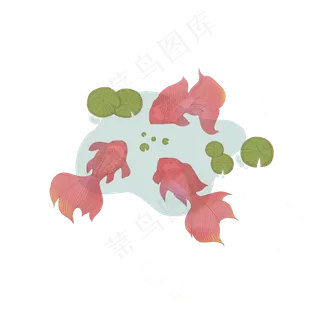 手绘红色鱼荷叶池塘