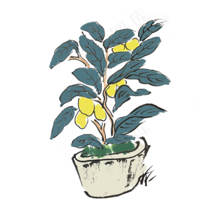 夏天水墨柠檬树手绘水墨风