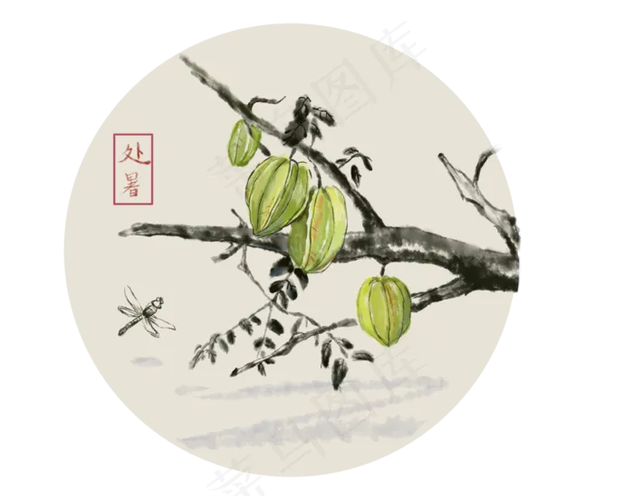 24节气处暑杨桃水墨画,免抠元素(2300X1800(DPI:300))psd模版下载