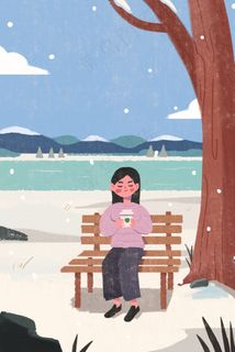 小雪长椅上喝咖啡的女孩