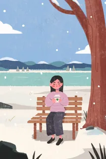 小雪长椅上喝咖啡的女孩 小雪长椅上喝咖啡的女孩