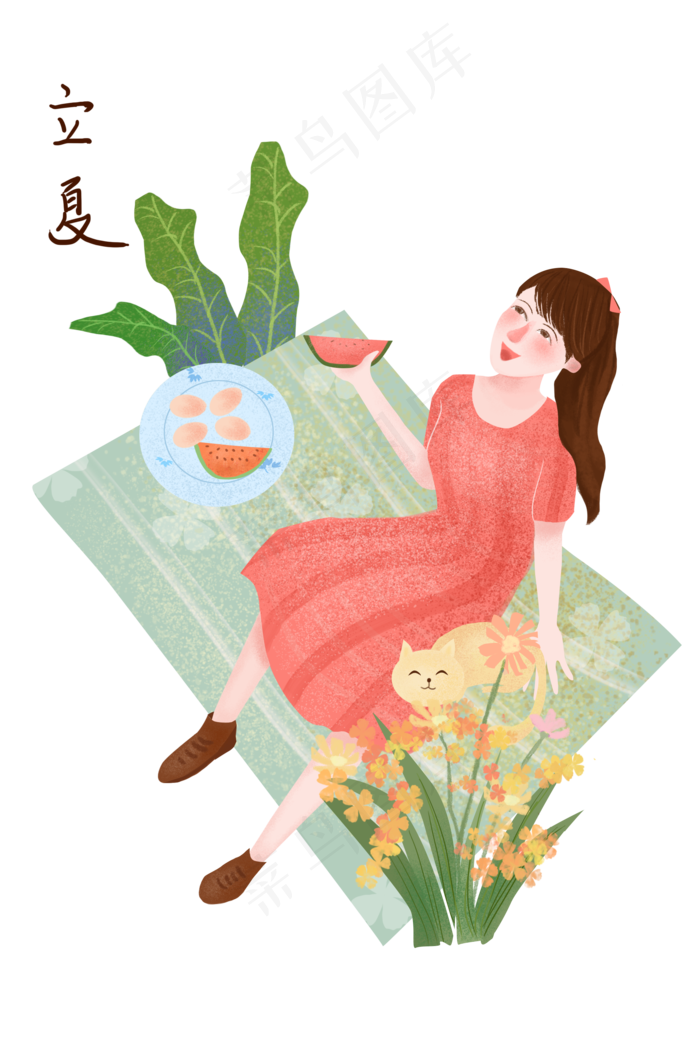 户外踏青吃西瓜女孩(2000X3000(DPI:300))psd模版下载