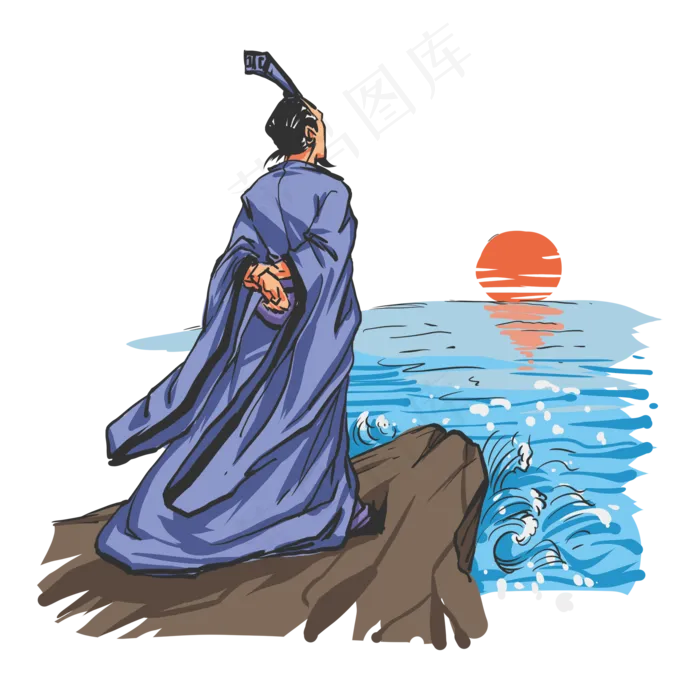端午节古风河边赏日出的屈原(2000X2000(DPI:300))psd模版下载