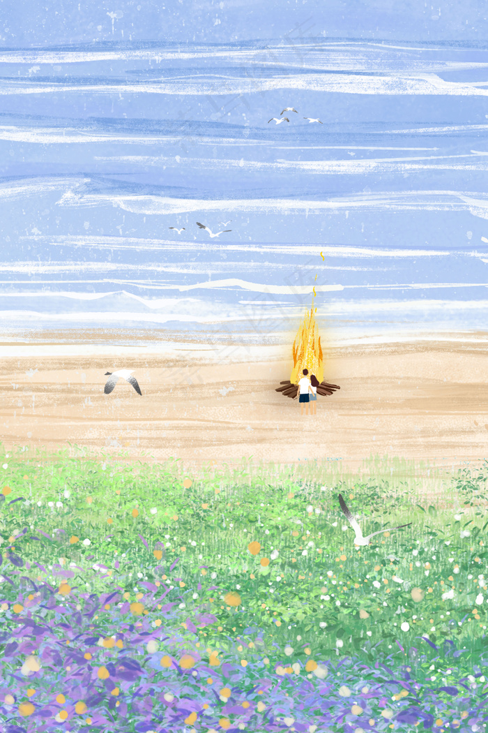夏日情侣海边烤火风景