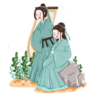 穿青色汉服的情侣