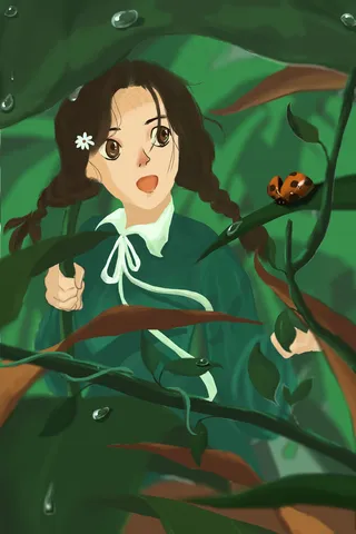 原创春天谷雨节气少女出游绿叶七星瓢虫