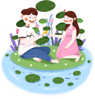 夏季池塘边吃冰棍的情侣