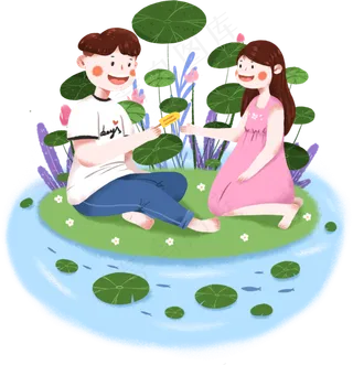 夏季池塘边吃冰棍的情侣